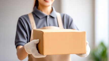 A delivery woman smiling while holding a cardboard box ready for shipping to a customer.