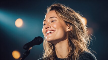 Smiling singer performing on stage with a microphone in hand, illuminated by stage lights.