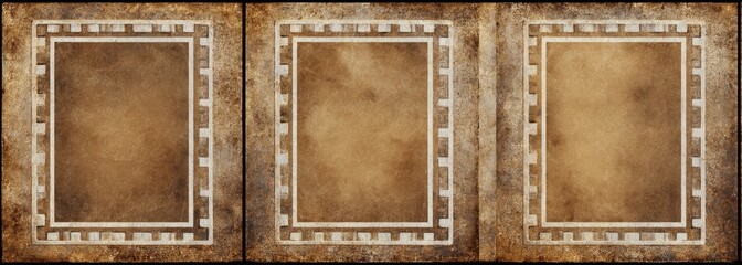Three weathered stone panels with decorative borders and aged paper texture