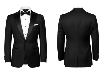 Black tuxedo jacket and back view isolated on transparent background
