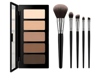 Makeup brush set and eyeshadow palette on transparent background for beauty routine