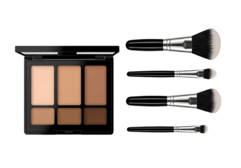 Makeup brush set and eyeshadow palette on transparent background for beauty routine