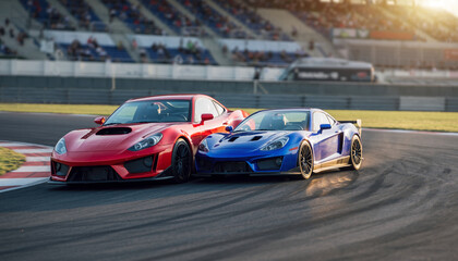 Two sports cars racing on a track during sunset.