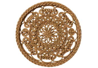 Woven rattan placemat with intricate floral pattern isolated on transparent background