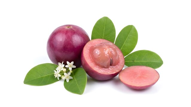 Star Apple Fruit With Leaves and Flowers on White Background
