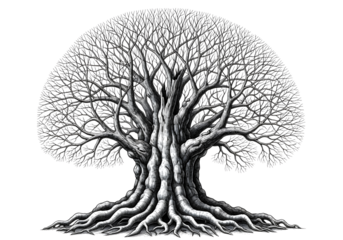 A detailed illustration of a tree with a sprawling root system and bare branches isolated on transparent background