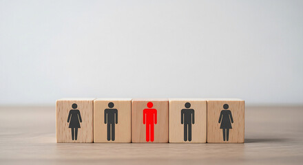 Wooden blocks with gender symbols including one red male figure in the center female figure 1