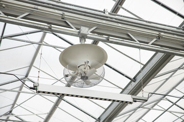 Vertical Flow Fan, Ventilation Multifan and LED lighting equipment for greenhouse airflow
