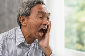 Senior Man Suffering from Toothache and Dental Pain at Home, Elder man dental painful expression