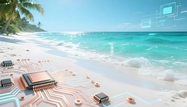 Digital Paradise: Beach & Circuits! 🏝️💻