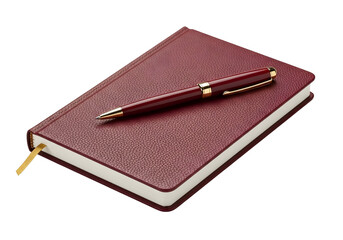 Red leather journal with gold pen on top isolated on transparent background