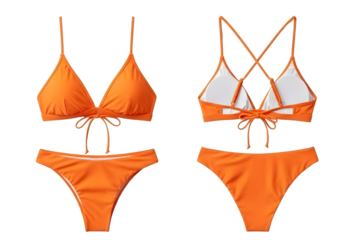 Two piece orange swimsuit with ruffled bottoms and crisscross top isolated on transparent background