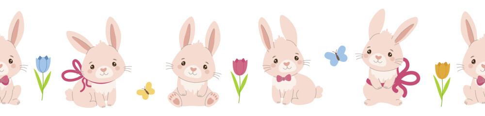 Adorable vector illustration seamless pattern of five cartoon bunnies sitting with colorful flowers and butterflies. Each bunny features unique details, creating a charming and playful scene.