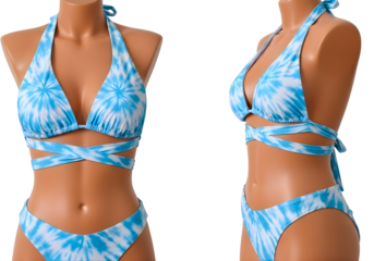 Woman wearing blue and white tie dye bikini isolated on transparent background