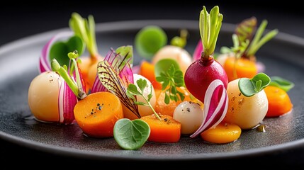 Colorful Gourmet Food Arrangement with Fresh Vegetables and Herbs