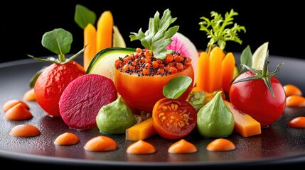 Colorful Gourmet Vegetable Arrangement on Black Plate
