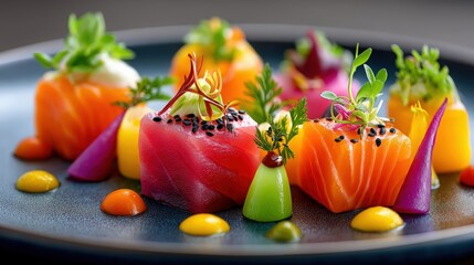 Vibrant and Artistic Presentation of Gourmet Sushi on a Plate