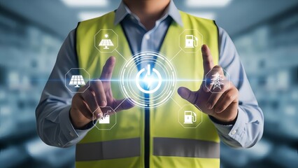 Engineer interacting with sustainable energy interface