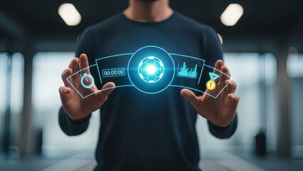 Man presenting futuristic data analysis in modern office