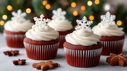 Festive Red Velvet Cupcakes with Frosting and Snowflake Decoration