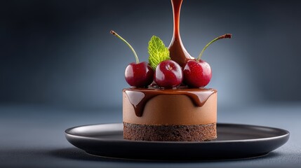 Decadent Chocolate Cake with Fresh Cherries and Mint Garnish