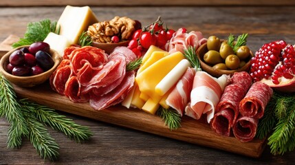 Assorted Cold Cuts and Cheeses on Wooden Platter with Garnish