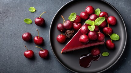 Delicious Cherry Cake Slice on a Black Plate with Fresh Cherries