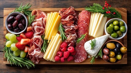 Colorful Charcuterie Board with Cheese and Fresh Fruits Arrangement