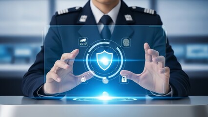 Security officer interacting with futuristic digital shield interface