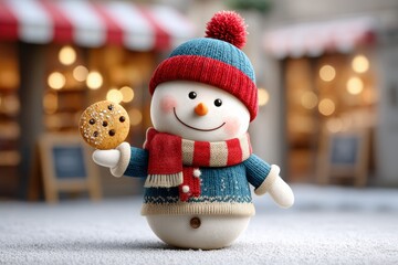 Snowman Holding Cookie in Winter Setting with Soft Focus Background