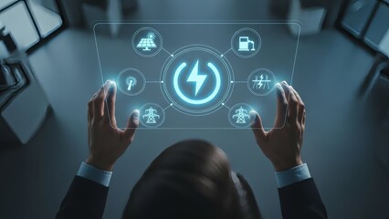 Businessman interacting with futuristic energy interface technology