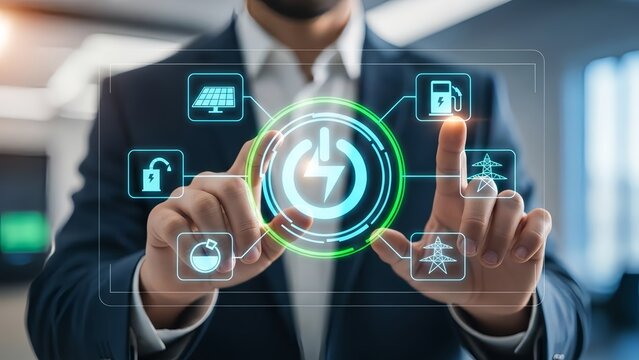 Businessman interacting with futuristic energy interface in office - Powered by Adobe