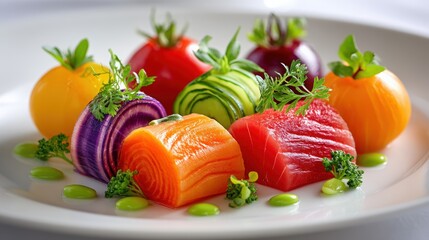 Colorful and Artistic Vegetables and Fish Presentation on Plate