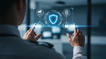 Man interacting with futuristic cybersecurity interface in office