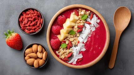 Fresh and Colorful Smoothie Bowl with Fruits and Nuts on Table