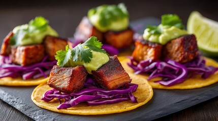 Succulent Tacos with Pork, Purple Cabbage, and Creamy Avocado Sauce
