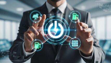 Businessman interacting with futuristic energy interface in modern office