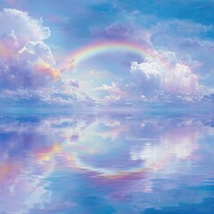 Dreamy blue sky reflected on calm water with a pastel rainbow arc above