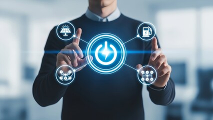 Businessman interacting with futuristic energy interface in modern office