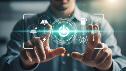 Businessman interacting with futuristic energy interface
