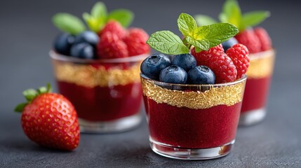 Glamorous Dessert Cups with Berries and Edible Gold Garnish