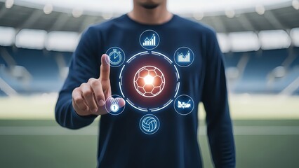 Man in stadium using sports analytics technology on shirt