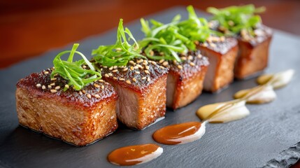 Delicious Glazed Pork Belly Bites with Green Onion Garnish