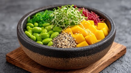 Colorful Healthy Bowl with Edamame, Mango, Seaweed and Vegetables