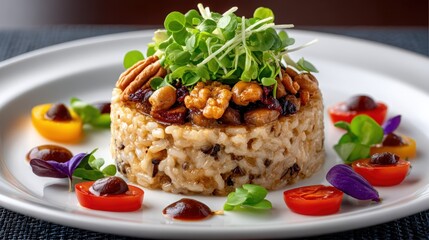 Delicious Gourmet Rice Dish with Fresh Greens and Colorful Garnish
