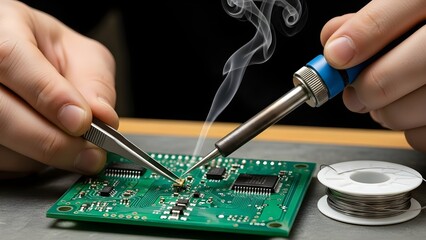 Skilled technician's hands delicately soldering miniature electronic components onto a printed circuit board, demonstrating precision in micro-electronics assembly and repair work