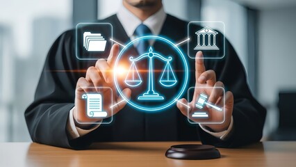 Lawyer interacting with digital legal icons on futuristic interface