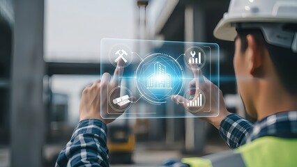 Engineer interacting with futuristic interface in industrial setting