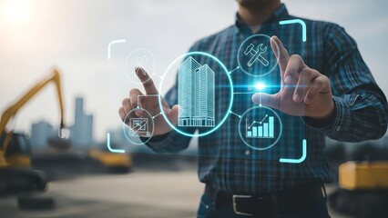 Man interacting with futuristic construction technology interface