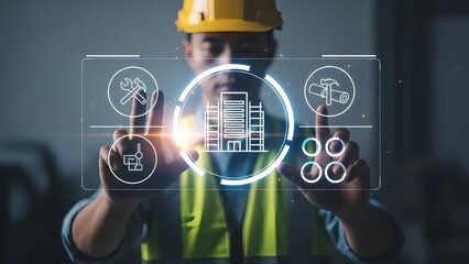 Construction worker interacting with futuristic interface